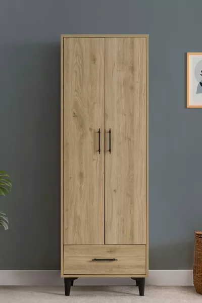 Cabinet, Blesk 2-Door Wardrobe with Drawers and Hangers, Open Walnut Wardrobe