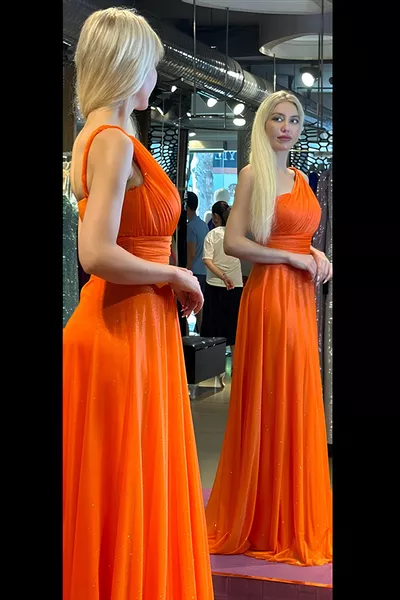 Women's Narrow Fit Elegant Long Glitter Tulle Single Shoulder Strap Engagement Request Evening Dress 