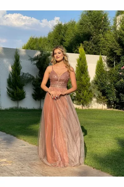 Rope Strap Glitter Tulle Embroidered Kiloş New Season Evening Dress  