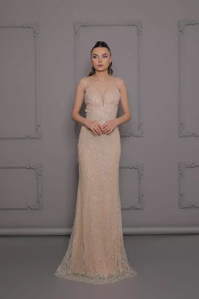 Stone Embroidered V-Neck Glitter Fish Evening Dress