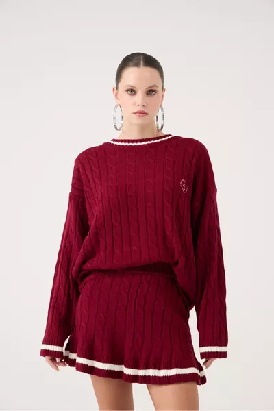 Pull Oversize Harold en Tricot Motif Tressé avec Logo Bordeaux