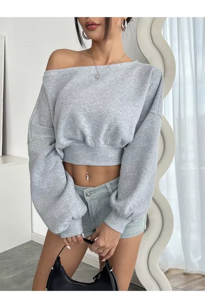 Grijs Oversized Dazy Dames Effen Kleur Asymmetrische Hals Lange Mouwen Korte Sweater