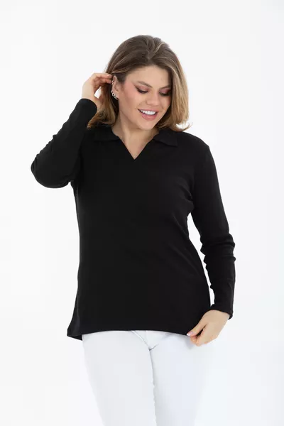 Curve Plus Size Cotton Stretch V-Neck Basic Long Sleeve Black Blouse
