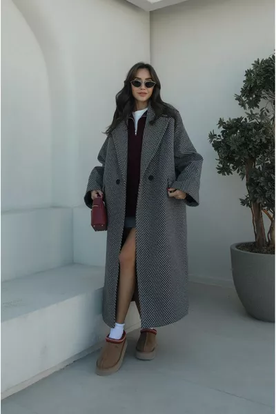 Gray and Black Herringbone Pattern Coat
