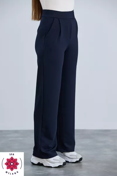 Damen Dunkelblaue Palazzo-Hose mit Klettverschluss, bequem, elastisch, hoher Bund, Gummibund