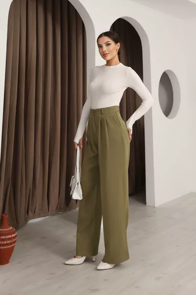 بنطلون Palazzo عالي الخصر باللون الزيتوني للنساء