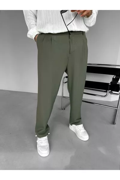 Erkek Baggy Fit Kumaş Pantolon Haki Yeşil