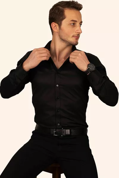 Black Herringbone Pattern Slim Fit Men's Shirt