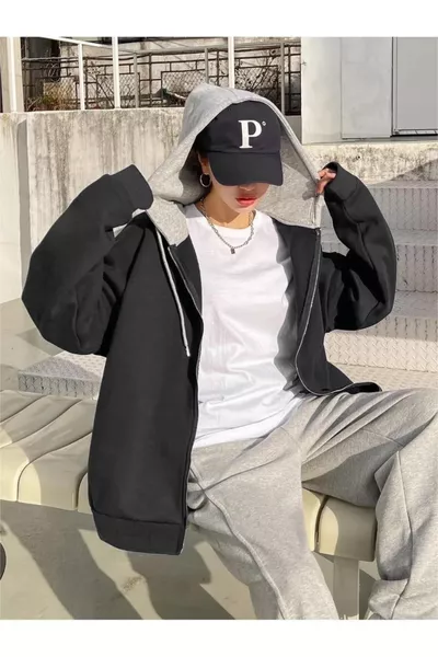 Черно суичър с качулка, сиво, без принт, 3 нишки, свободна кройка, поларено яке - жилетка