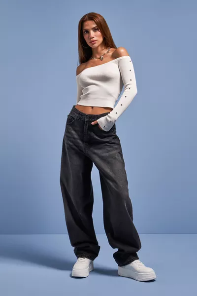 Jeans Donna Cindy  Colore Grigio Scuro, Vestibilità Skater, Taglio Larga