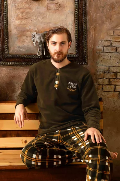 مجموعة بيجامة الصوف للرجال الدافئة الشتوية - مجموعة بيجامة الصوف المنقوشة بالكاكي للرجال