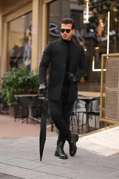 Heren Zwarte Slim Fit Coltrui Wolmantel