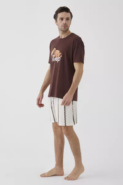 Heren Korte Mouw Katoenen Nachtoutfit met Shorts en Beerprint