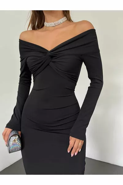  قارب طوق الجبهة مزدوجة الصدر ميدي طول لينة النسيج المرأة الأسود الاتجاه اللباس