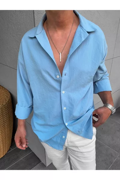 Light Blue Loose-Fit Oversized Linen-Look Ayröbin Men's Shirt