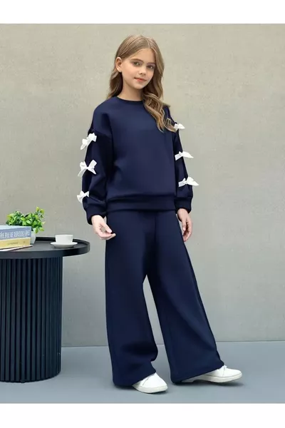 Girls' Navy Ribbon Detail Sweatshirt - Loose Fit Tracksuit Set