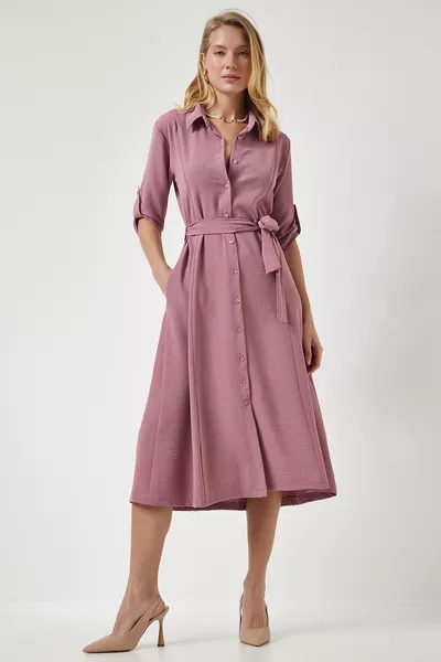 Robe chemise ceinturée pour femme couleur rose pâle 