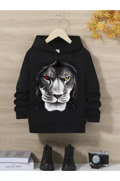 سويت شيرت للأطفال بغطاء للرأس بطباعة أسد