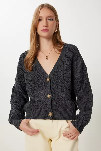 Damen Anthrazit Knopf V-Ausschnitt Orlon Strickjacke 