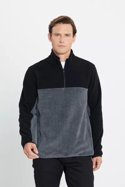 سويت شيرت بولار للرجال بياقة عالية، لون أسود فاتح ممزوج، مقاوم للتكتل والتقشير، مقاس قياسي