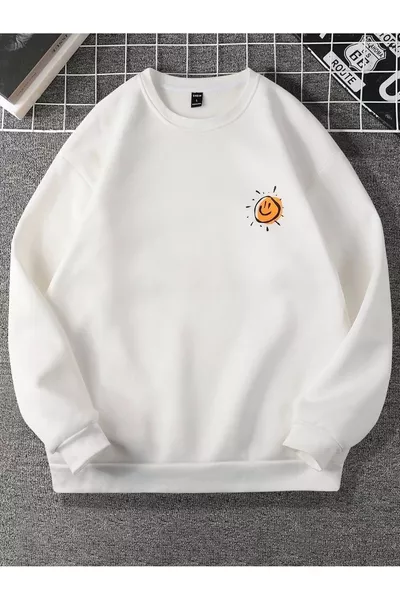 Unisex Önü Güneş Baskılı Oversize Bisiklet Yaka Swetshirt