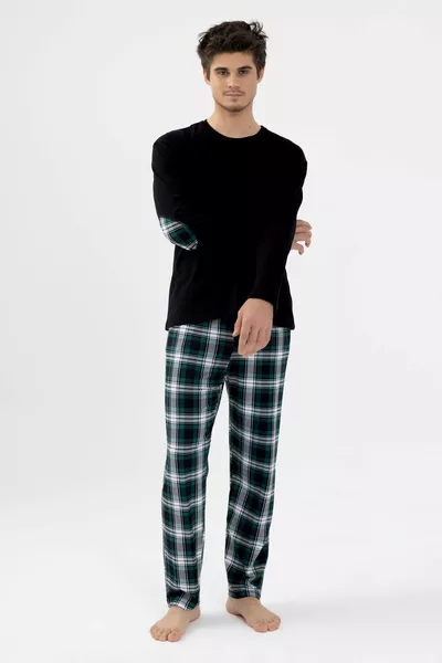 Heren pyjama set van katoen met lange mouwen en geruite patchworkprint