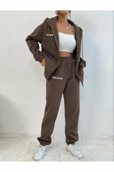 Women's 3-Thread Brown Sierra Nevada Printed Cardigan Jogger Oversize Tracksuit