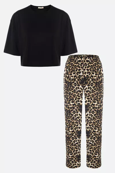 Women's Cotton Black Oversized T-Shirt with Leopard Print Pajama Set