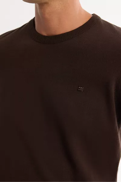 Мужской свитер коричневый с круглым воротом, не скатывающийся, трикотаж, обычная посадка 
