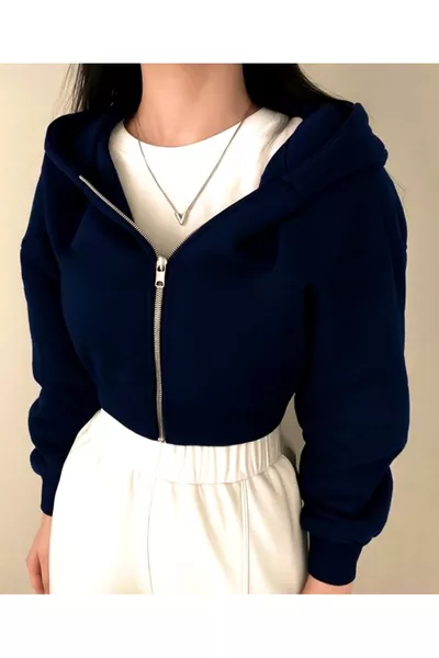 سويت شيرت قصير بقبعة بسحّاب باللون الكحلي