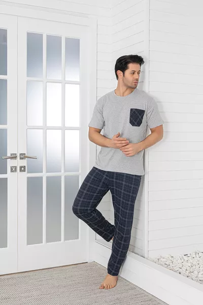 Heren Pyjama Set met Geruit Patroon en Korte Mouwen