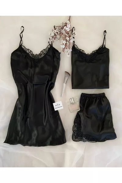 3-Piece Black Diamond Satin Bridal Set