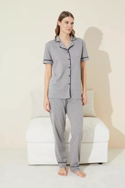 grey black Short Sleeve Cotton Buttoned Pajamas Set
