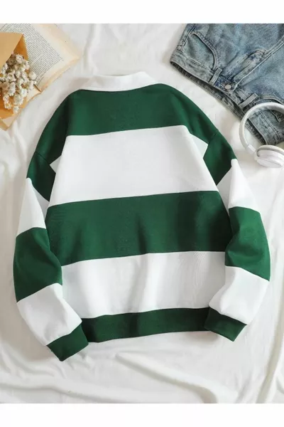 Green and White Block Color Half-Zip Polo Collar Sweatshirt, Fleece Lined, Unisex, Non-Shedding Fabric