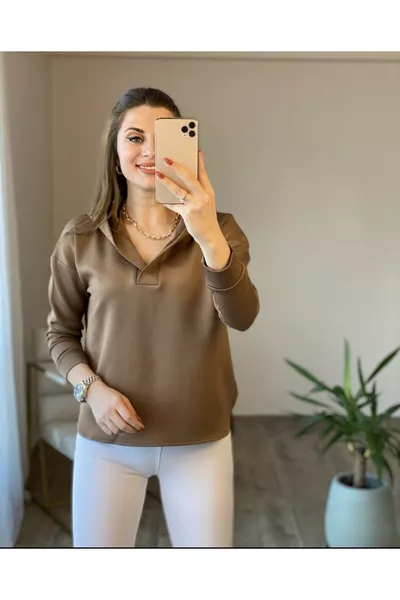 سويت شيرت نسائي بأكمام واسعة، ذو ياقة بولو وغطاء رأس