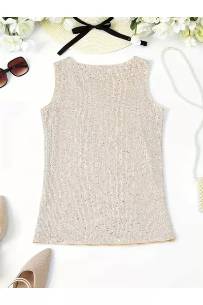 Top Beige Senza Maniche con Scollo a V e Paillettes, Elegante per Feste e Vacanze