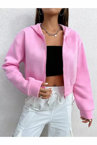 Women's Pink Hooded Zip-Up Crop Cardigan, 3-Ply Fleece