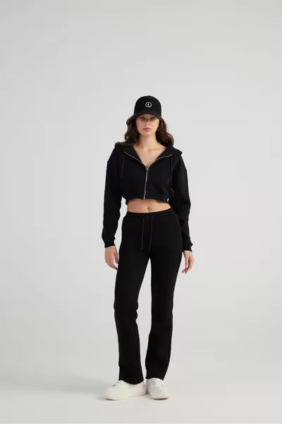 المرأة السوداء عالية الخصر مستقيم قطع بنطال رياضي مختلط