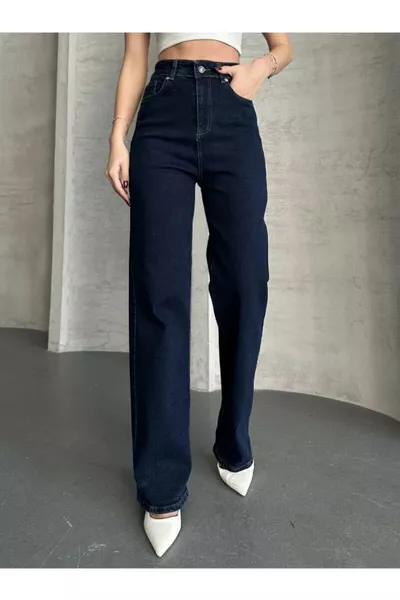 Jean Palazzo ample taille haute extra grande Camelia Gold Ikon des années  bleu marine foncé