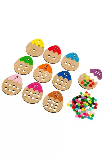 Научавам числата и стойностите на яйцата с помпони Дървен Монтесори пъзел