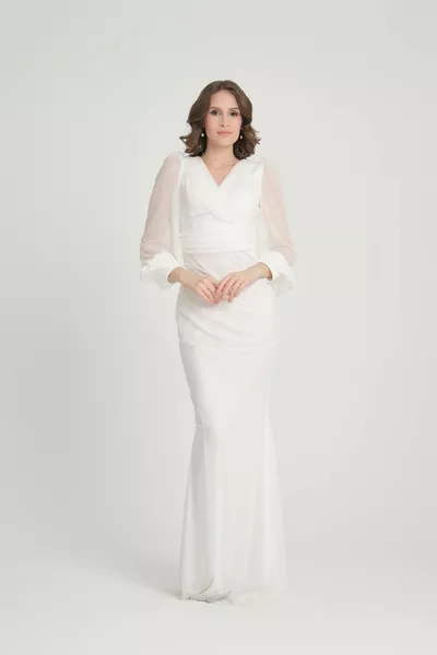 المرأة مزدوجة الصدر طوق طويل الأكمام الأسماك شكل كورساج الكفة مفصلة بريق الزفاف دعوة الخطوبة فساتين السهرة