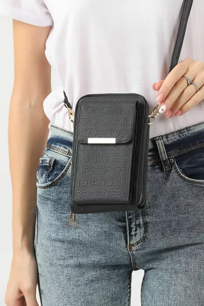 Einzigartige schwarze Damen-Handytasche mit drei Fächern und Kreuzgurt