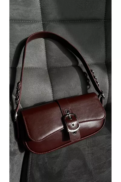 Burgundy Cherry Red Women's Leather Shoulder Bag with Metal Buckle Detail