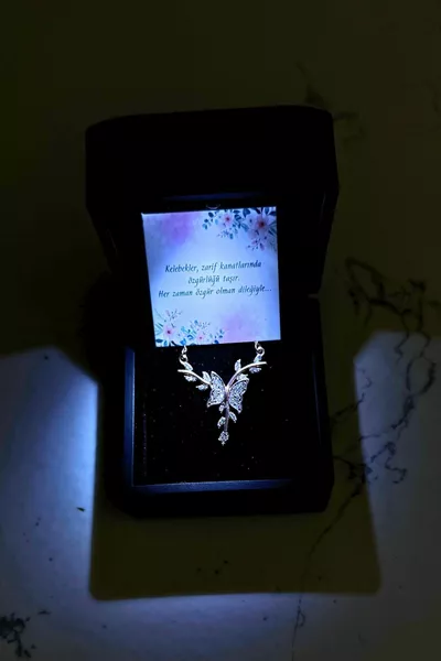Luxury Series Light-Up Gift Box Butterfly on a Branch  Sterling Silver Rose Gold Plated Necklace