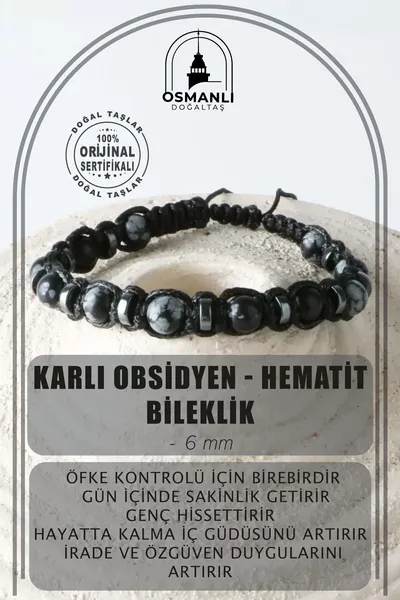 Men's Bracelet Original Genuine Certified Snow Obsidian - Hematite Cord Natural Stone Bracelet 6mm