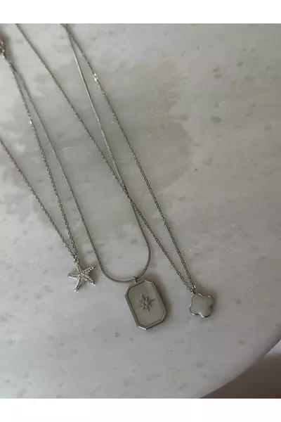L Kararmaz Çelik Rodyum Kaplama Yonca/Deniz Yıldızı Üçlü Kolye Seti