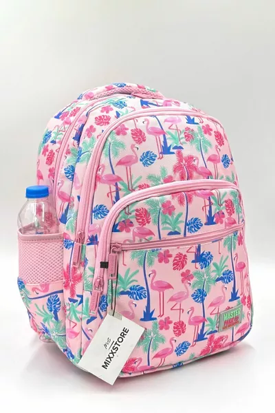 Pink Flamingo Pattern Backpack with Back Support, Lunchbox and Pencil Case for Girls