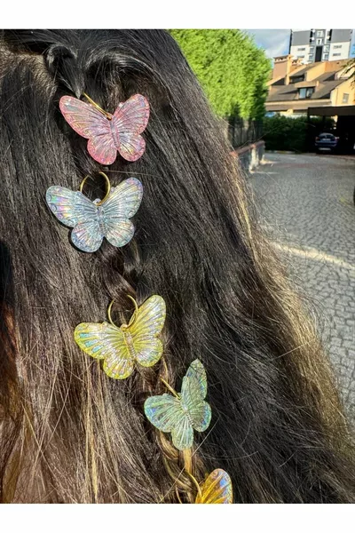 حلق شعر على شكل فراشة، حزمة مكونة من 7 قطع، مربوطة بفراشة مزخرفة