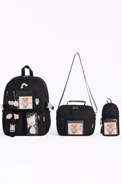 حقيبة ظهر مدرسية للأطفال على شكل مجموعة من 3 قطع بأسلوب كاواي كوري، مع حقيبة غذاء ومقلمة