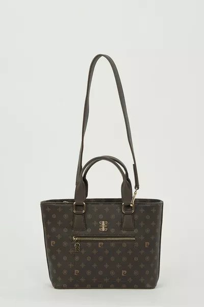 حقيبة يد نسائية طويلة الحمالات بنقشة مونوغرام لون قهوة 